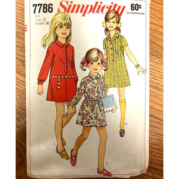 Vintage 1960s Simplicity 7786 Sewing Pattern Size XS 12 Shirt Dress COMPLETE - Picture 1 of 2